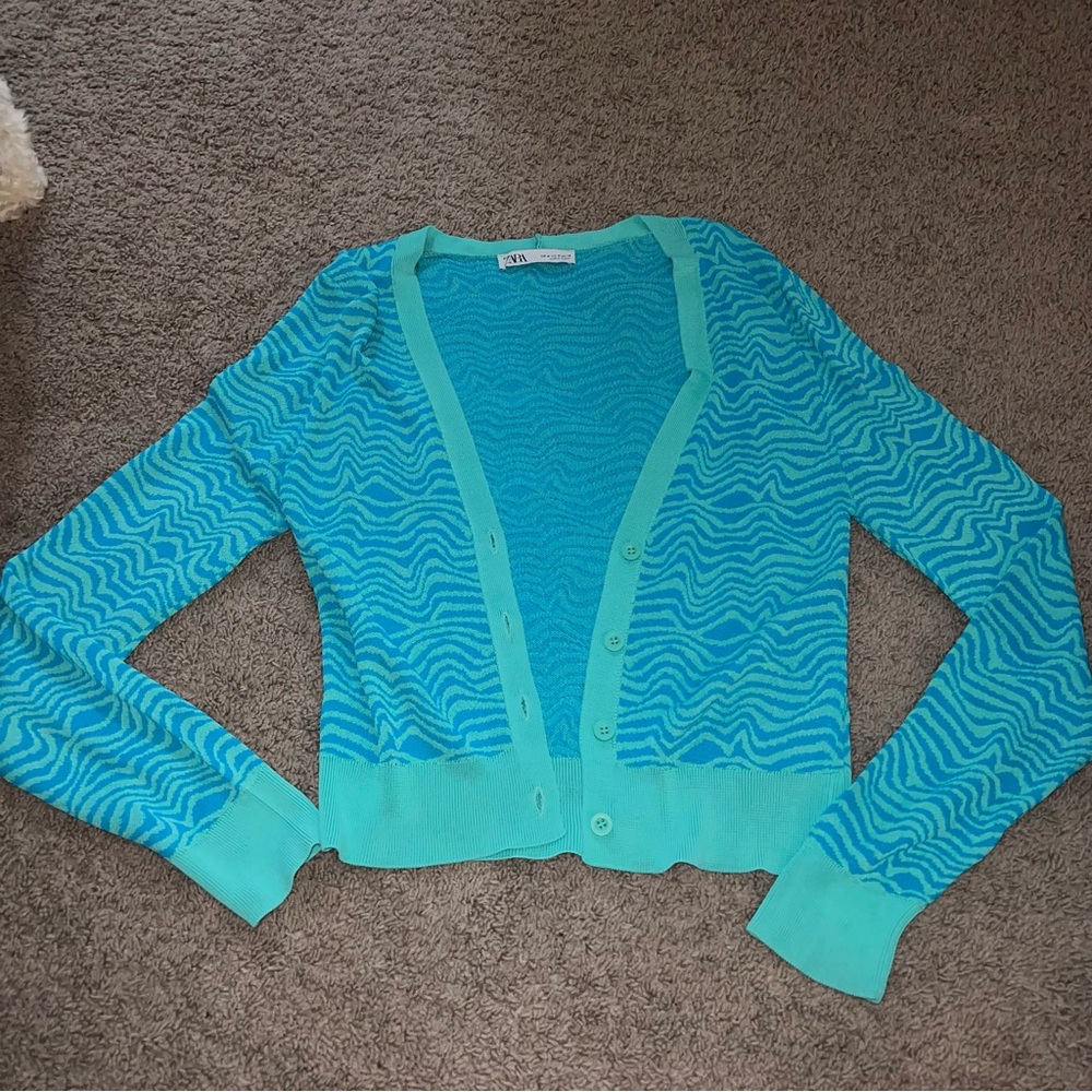 Zara Turquoise Wave Pattern Cardigan